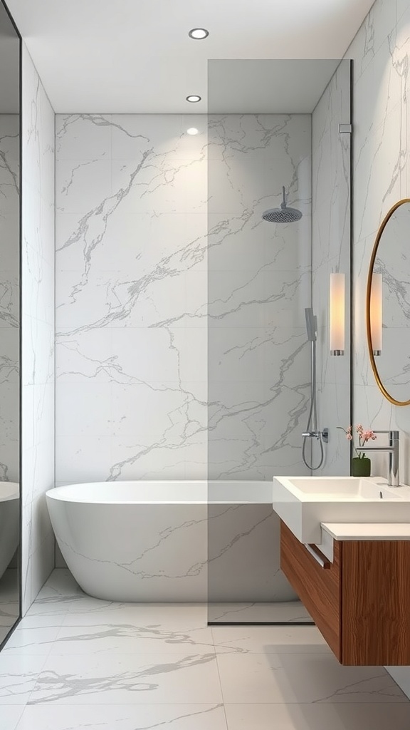 A modern bathroom featuring a seamless shower space with marble walls, a freestanding tub, and a sleek vanity.