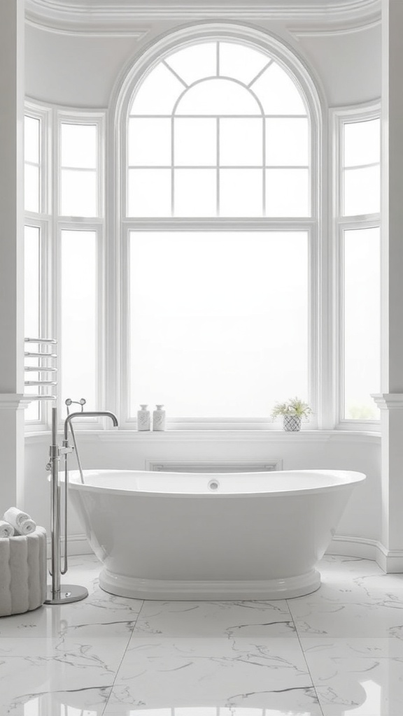 A modern freestanding bathtub in a bright bathroom with large windows.