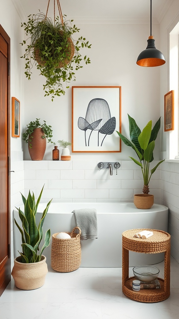 A modern bathroom featuring plants, woven baskets, and botanical prints.