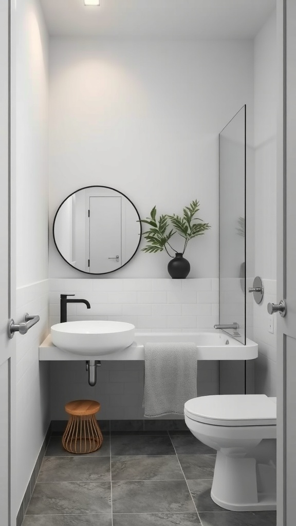 A modern bathroom featuring a monochromatic color scheme with a round mirror, potted plant, and minimalist fixtures.