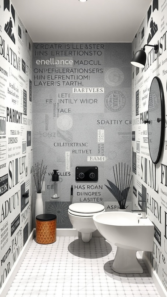 A modern bathroom featuring artistic wall murals with text and graphics.