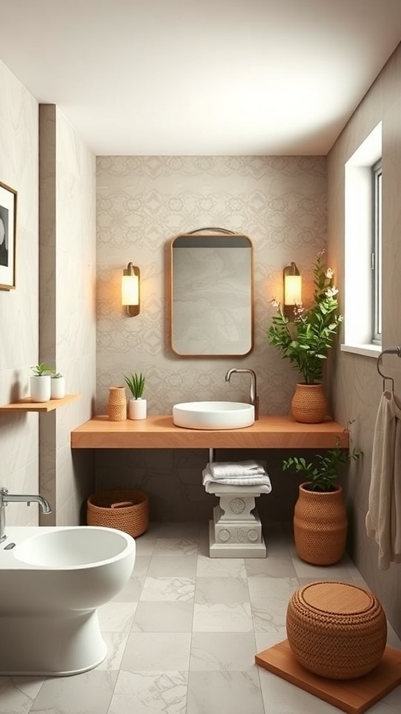 A modern bathroom featuring wooden shelves, potted plants, and a clean design.