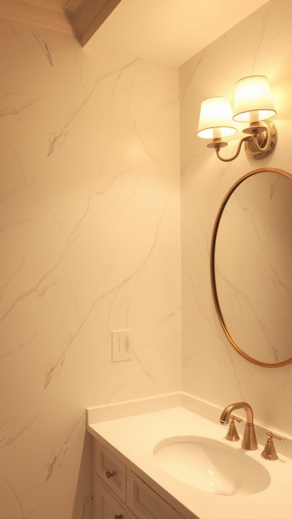 A modern bathroom with elegant lighting fixtures and a round mirror.