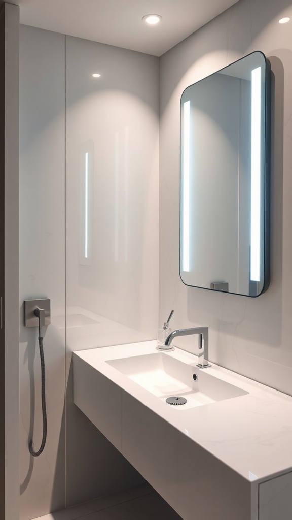 A modern bathroom with a sleek sink, smart mirror, and minimalist design.
