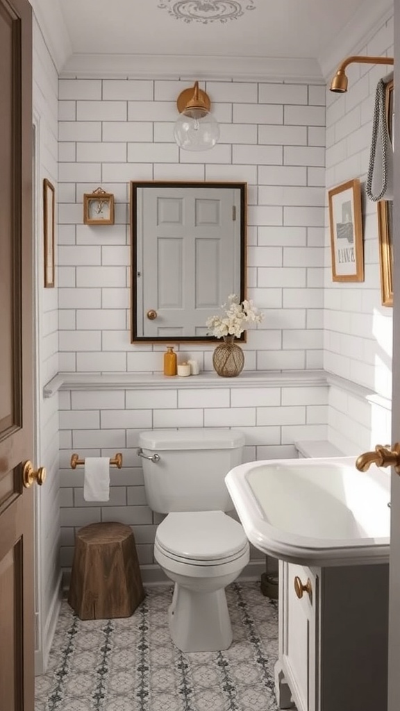 A modern bathroom featuring vintage touches with white subway tiles, a wooden stool, and elegant fixtures.