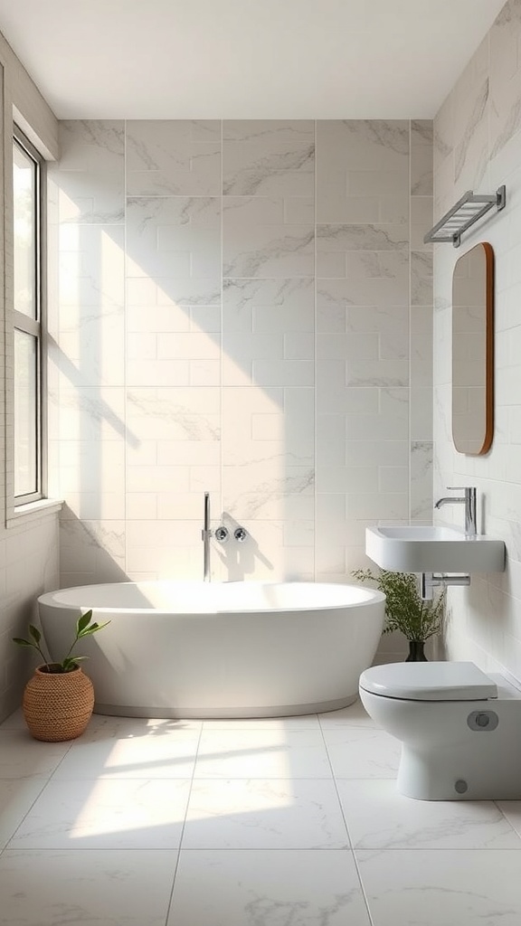 A modern bathroom with natural light, a plant, and eco-friendly features.