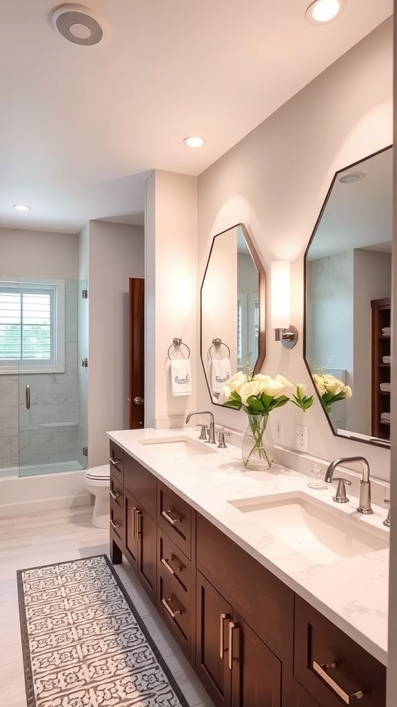 A modern bathroom featuring a dual vanity with marble countertops and dark wood cabinets.