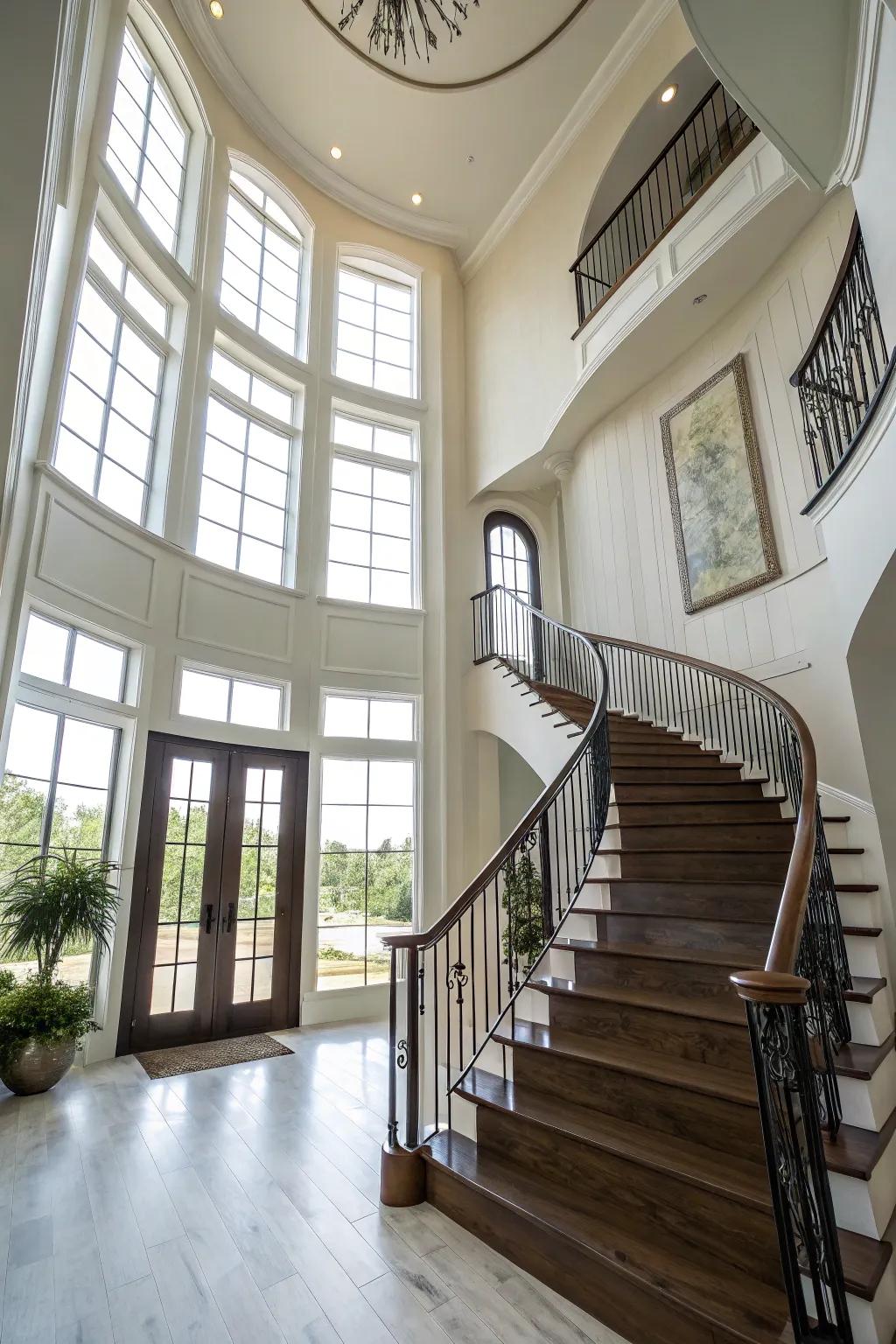 Architectural staircase adds grandeur to the entryway.