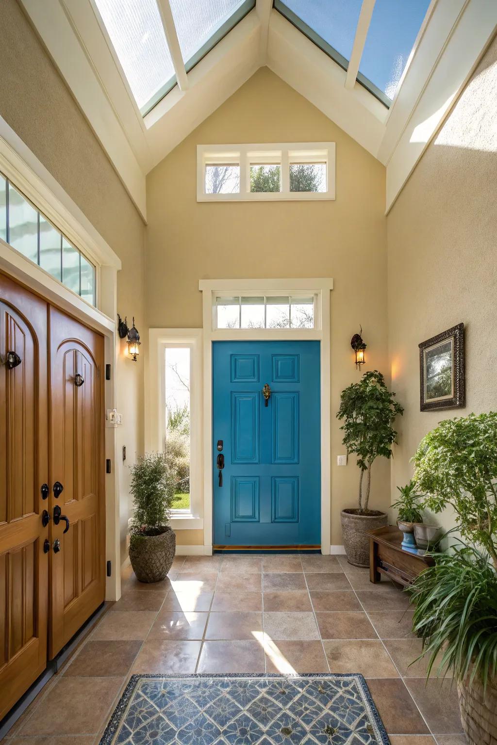 A brightly colored door creates a striking welcome.