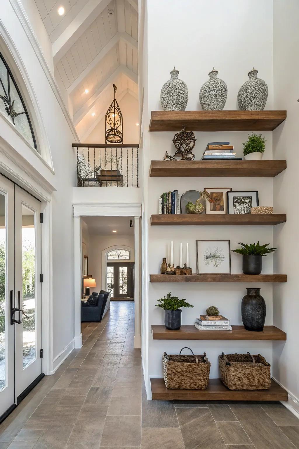 Floating shelves provide display space without clutter.
