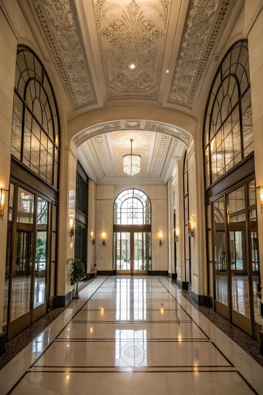 Mirrored walls brighten and enlarge the entryway.
