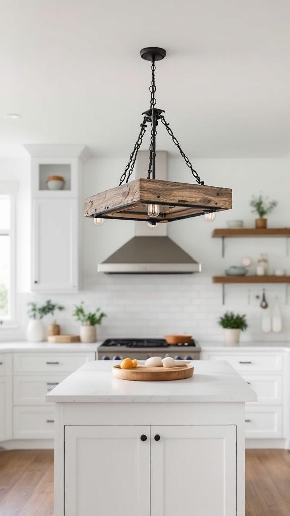 A rustic chandelier made of wood and iron hanging over a kitchen island.