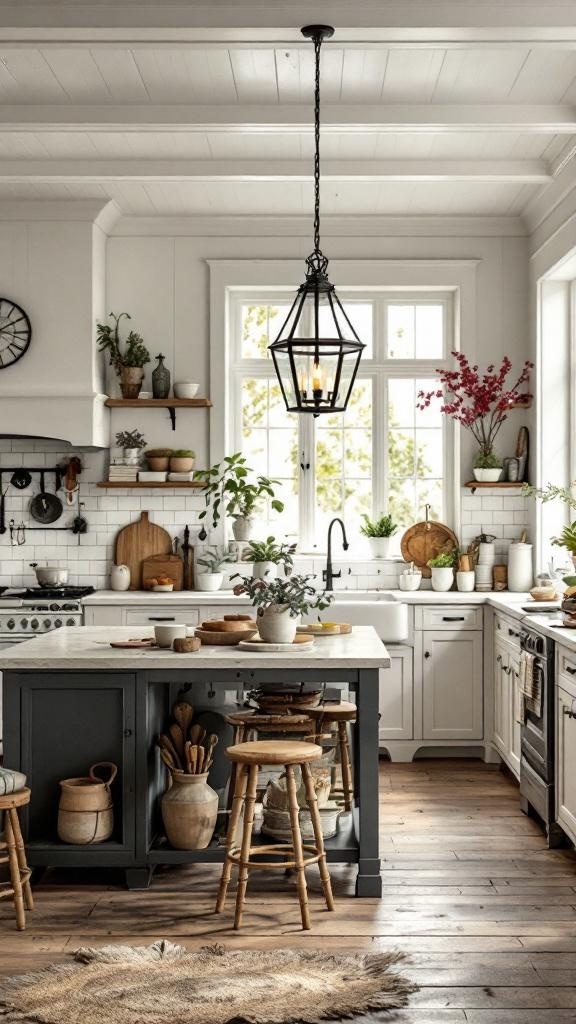 A rustic kitchen with an antique lantern-style chandelier hanging above the island.
