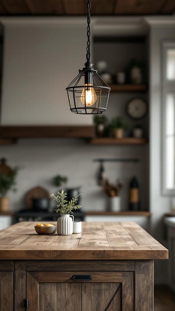 A black metal farmhouse light fixture hanging over a wooden kitchen island.