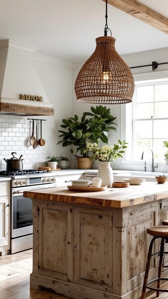 A woven rattan chandelier hanging above a rustic kitchen island.