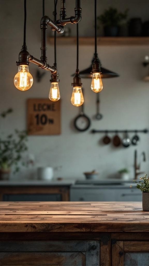 Industrial style chandelier with exposed bulbs hanging above a wooden kitchen island.