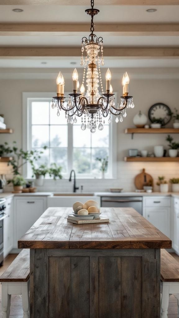 A beautiful crystal chandelier hanging above a rustic kitchen island.