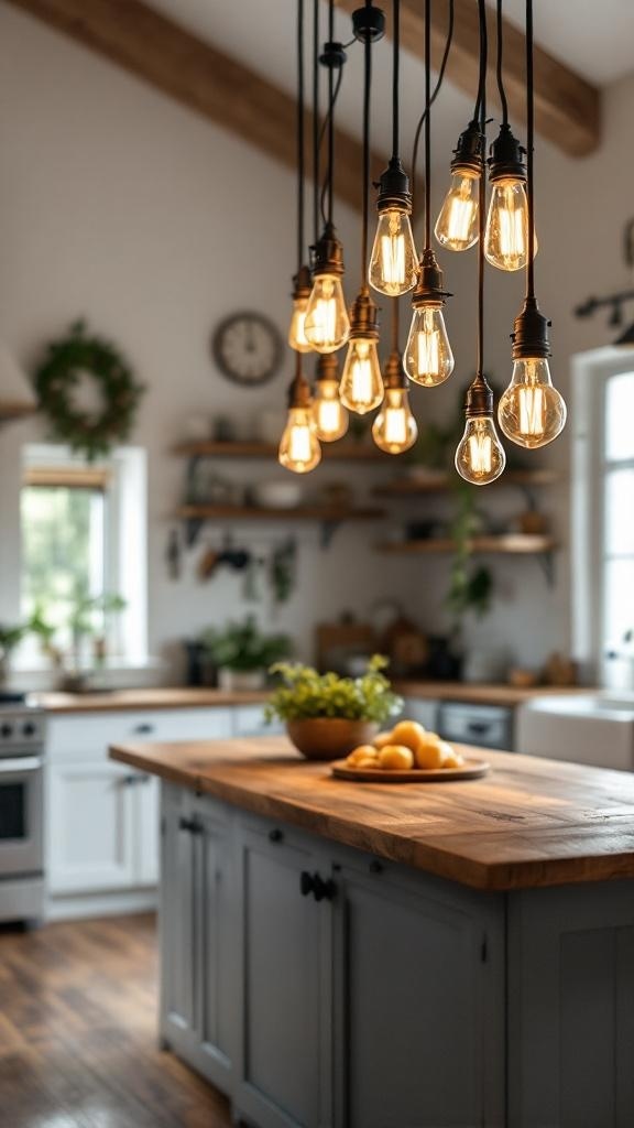 A cluster of vintage Edison bulbs hanging above a wooden kitchen island.