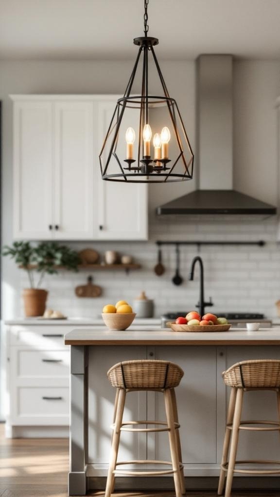 A modern rustic metal chandelier hanging above a kitchen island with wooden stools and a bowl of fruits.