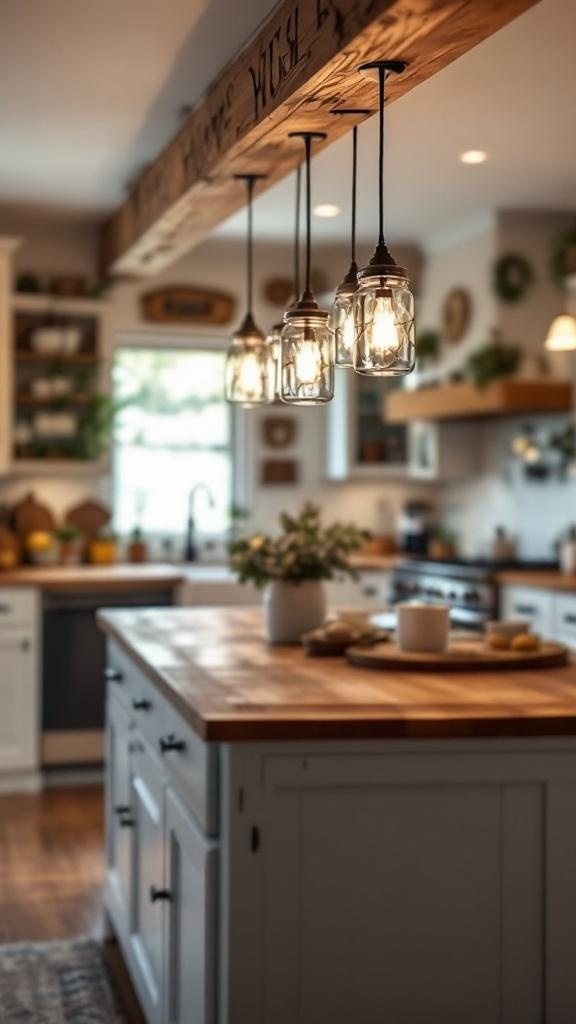 A cozy kitchen featuring mason jar chandeliers hanging above a wooden island.