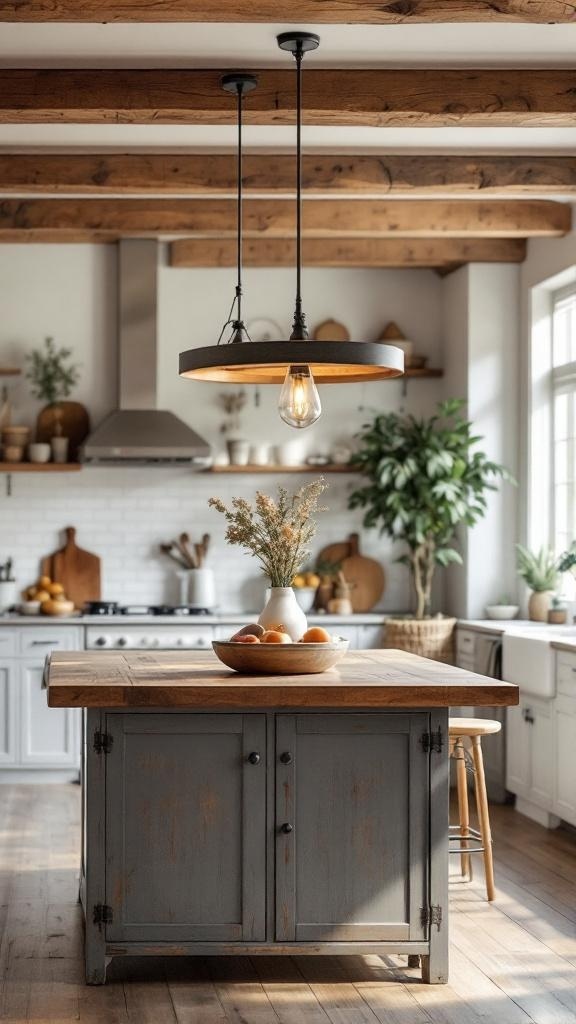 Artisan handcrafted wood chandelier hanging above a kitchen island