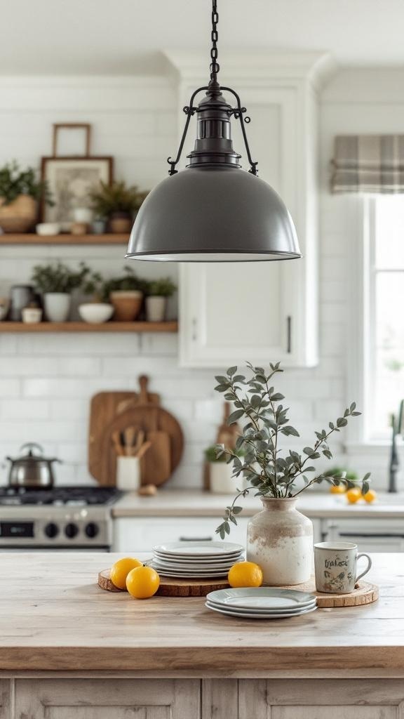 A rustic kitchen featuring a drum pendant light above a wooden island with plates and lemons.