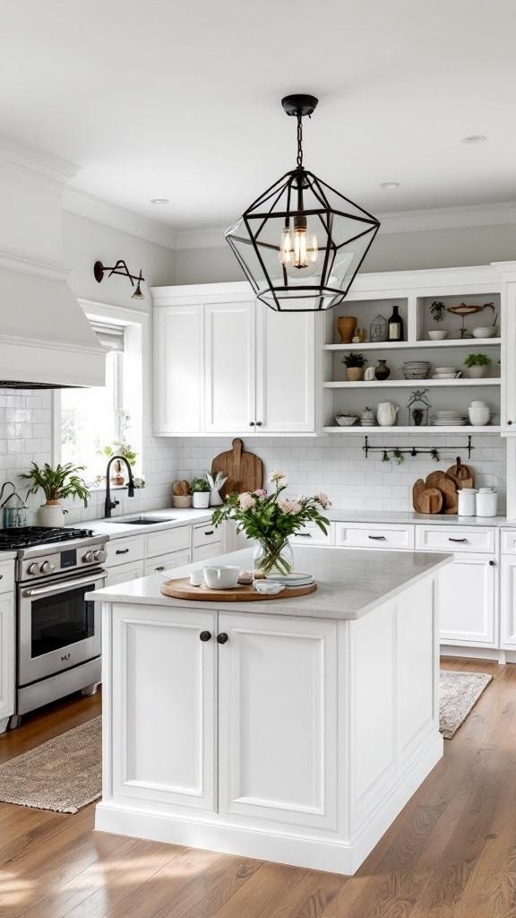 A chic geometric chandelier hanging above a white kitchen island with wooden accents.