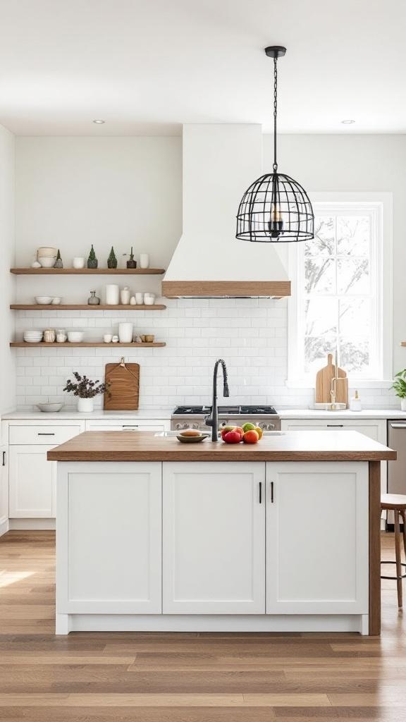 A metal grid chandelier hanging over a farmhouse kitchen island.