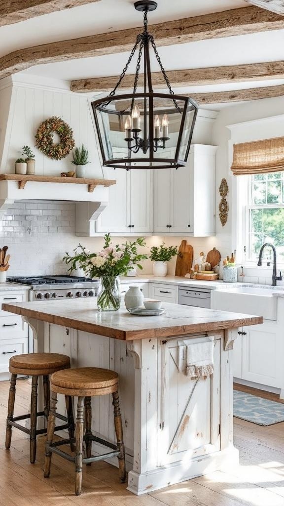 Classic whitewashed wood chandelier in a rustic farmhouse kitchen.