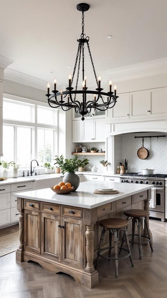 A large black chandelier hanging over a rustic kitchen island with wooden accents and white cabinetry.