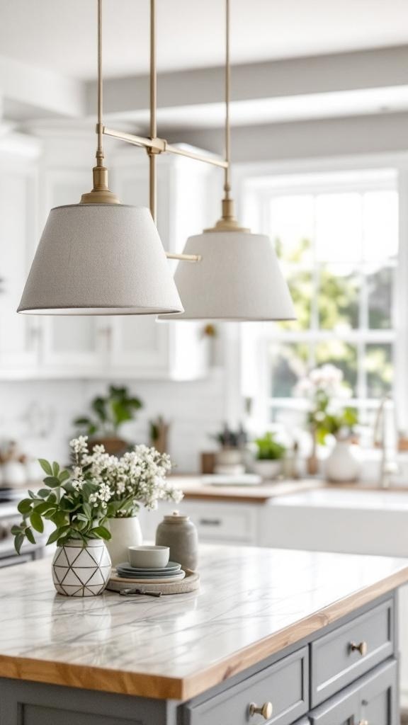 Farmhouse style chandelier with a shade hanging over a kitchen island.