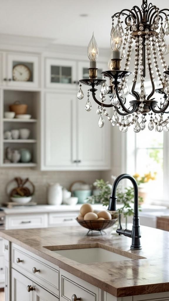 A classic crystal drop chandelier hanging above a kitchen island with a wooden countertop.