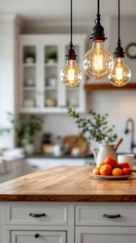 Three vintage-inspired globe lights hanging above a wooden kitchen island with a bowl of oranges.