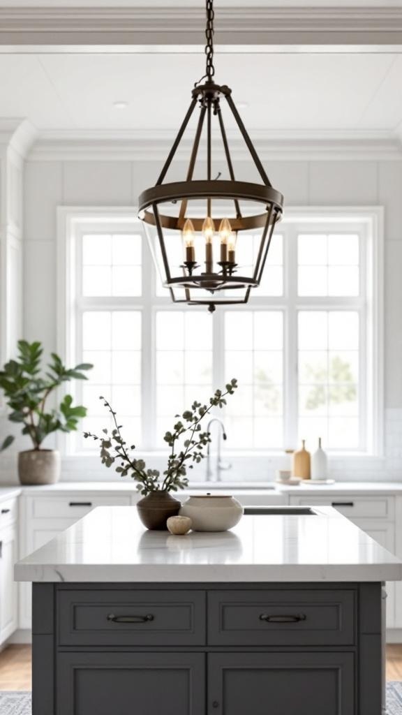 A stylish farmhouse chandelier hanging above a kitchen island with a modern design.