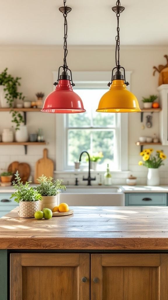 Brightly colored pendant lights in a farmhouse kitchen.