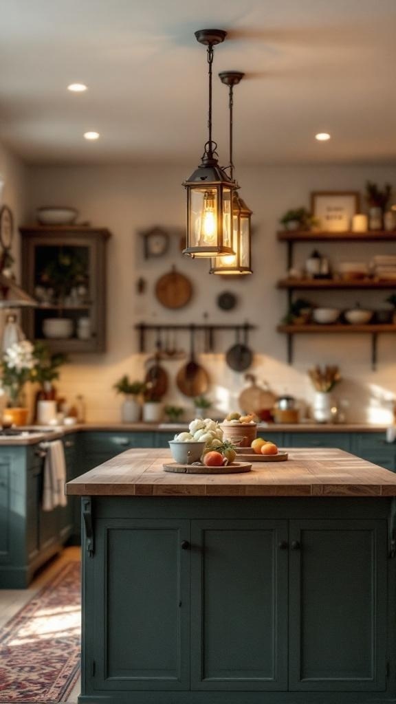 A vintage farmhouse lantern chandelier hanging above a kitchen island with a wooden countertop and decorative items.