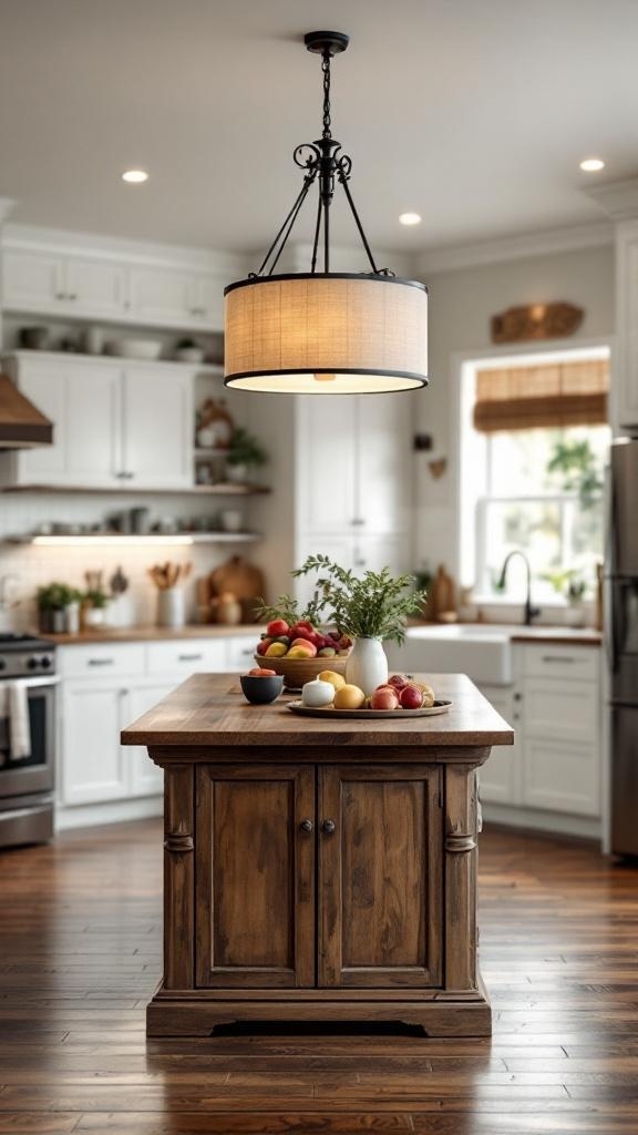 A rustic chic drum chandelier hanging over a wooden kitchen island with fruits and a vase.