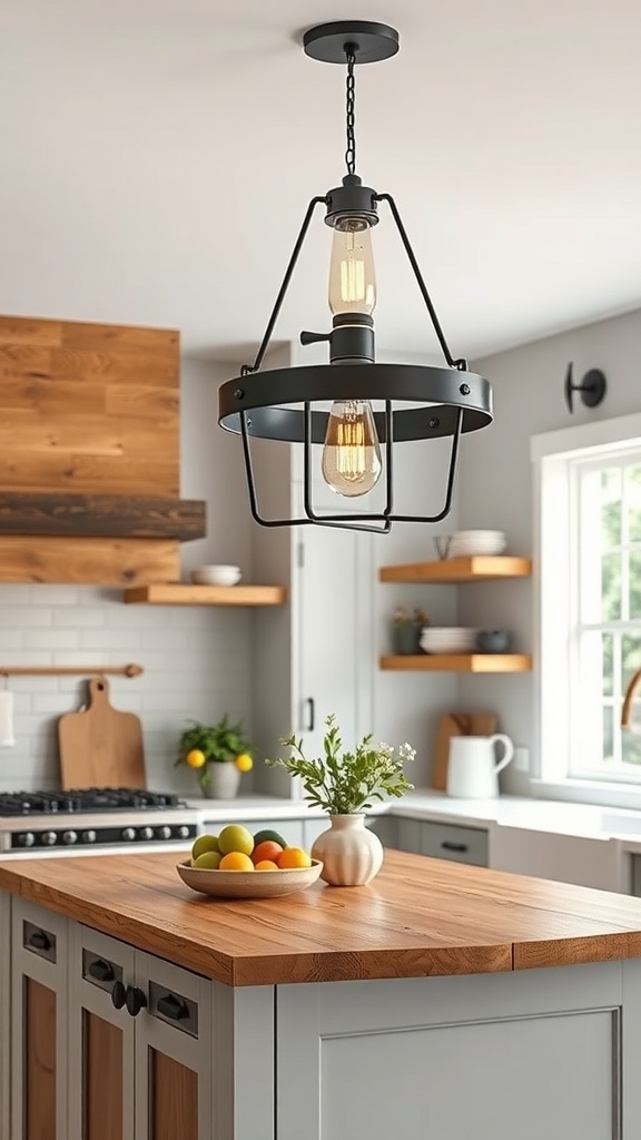 Industrial chic light fixture hanging over a kitchen island.