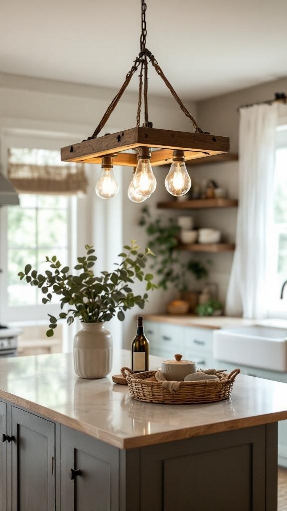 Handmade rustic wood chandelier with three bulbs hanging over a kitchen island.