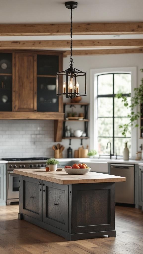 A rustic farmhouse kitchen with a metal chandelier hanging above a wooden island.