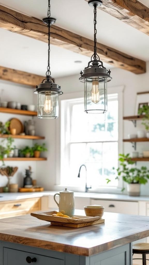 A cozy farmhouse kitchen featuring wooden beams and vintage glass chandeliers.