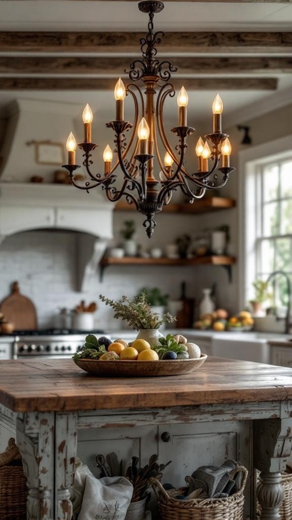 A wrought iron chandelier hanging above a rustic kitchen island with a wooden table and a bowl of fruits.