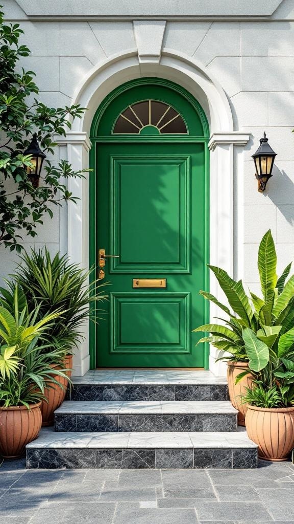 Art Deco inspired entryway with emerald green door and potted plants.