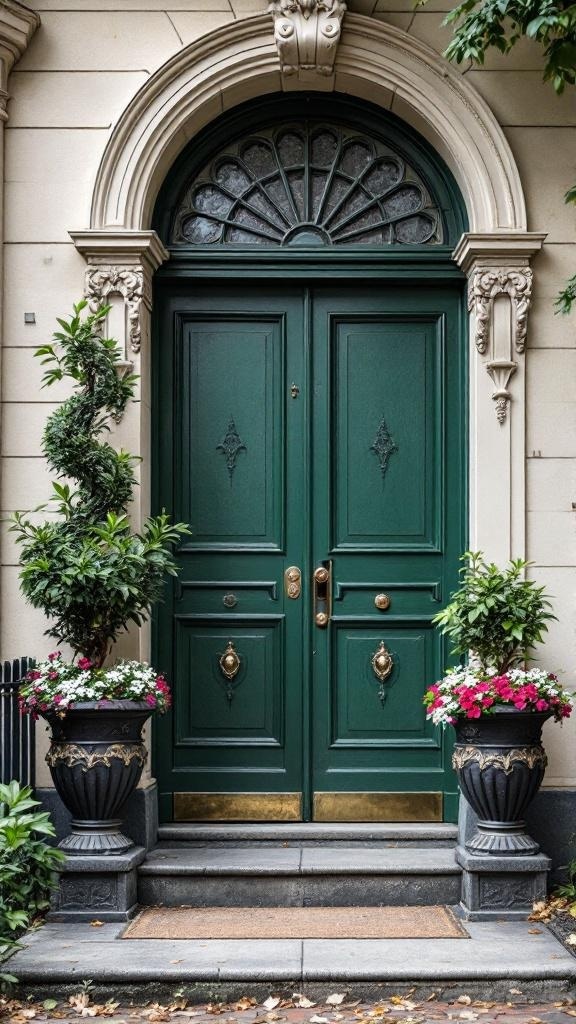 Victorian entrance featuring green doors and potted plants