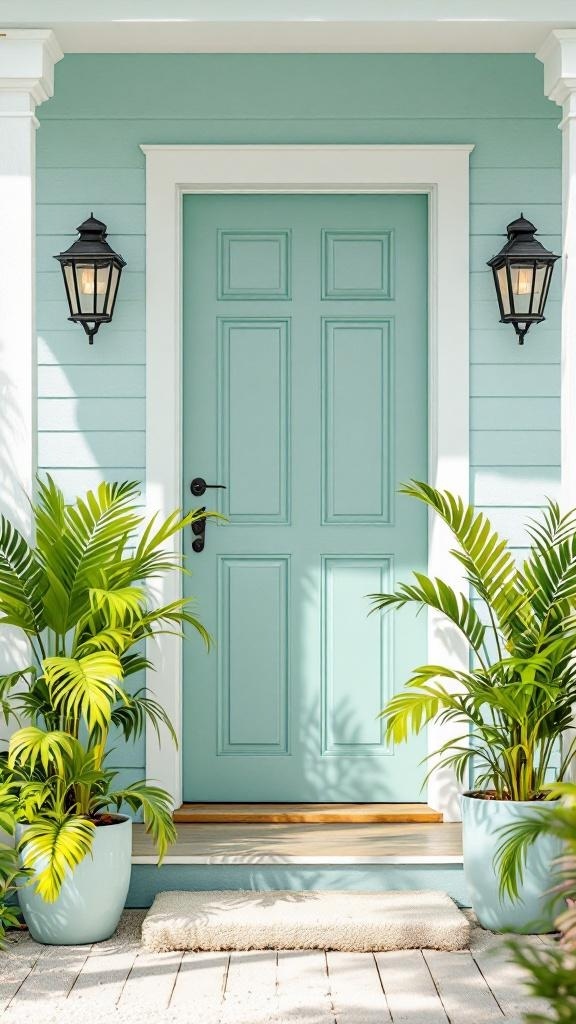 Cozy beach house entry with a seafoam green door and potted plants
