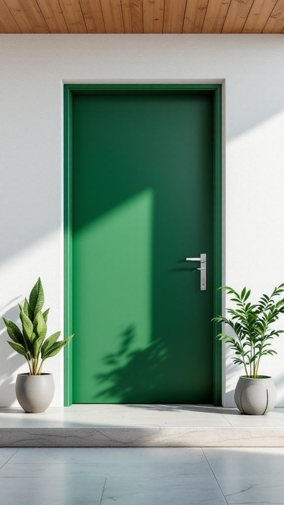 Modern entryway featuring green doors and potted plants