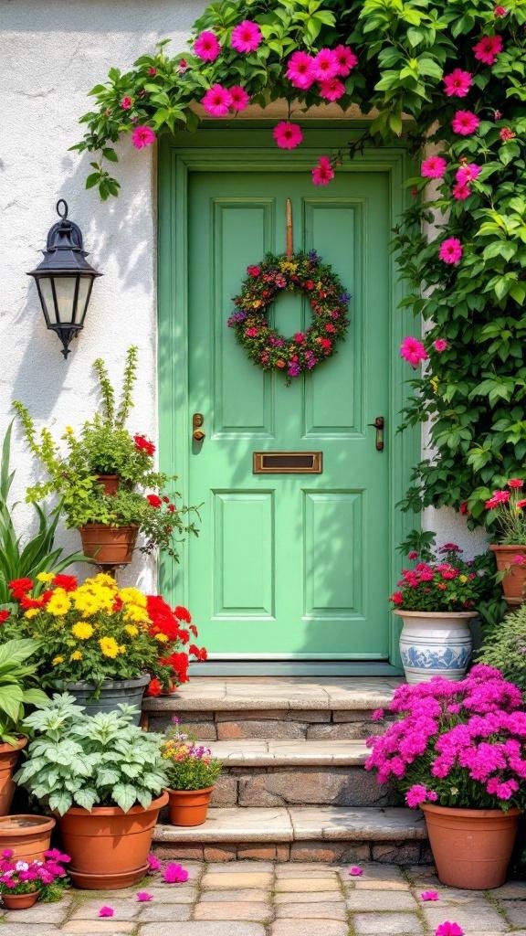 Charming cottage entrance with a green door and colorful potted plants.