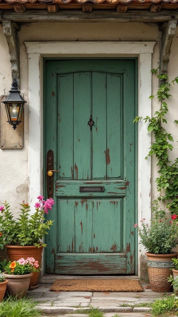 Rustic farmhouse entryway with a vintage green door and potted plants.