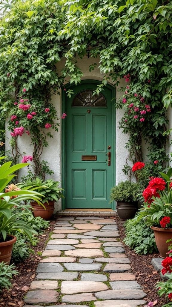 A quaint garden path leading to a green door, flanked by potted plants and flowers.