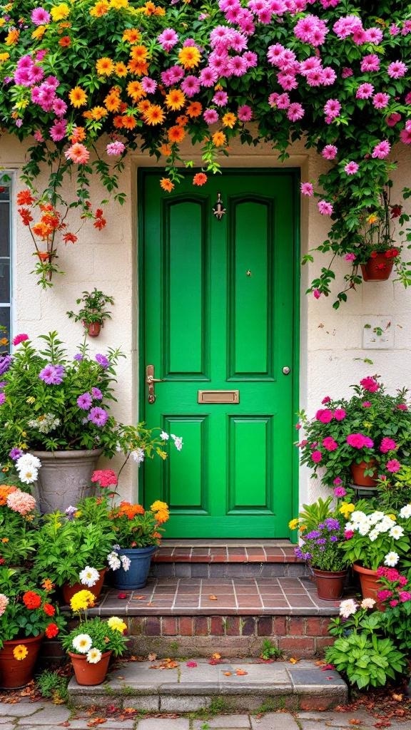 Bright green door surrounded by colorful flowers and potted plants.